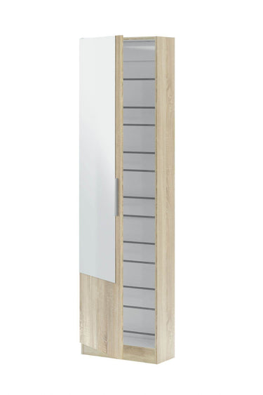 Giovanni Oak Effect Tall Shoe Cabinet with Mirrored Door, 14-16 Pair Capacity - UK Luxury Furniture